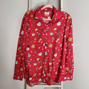 Opposuits button down top men's size XL 17.1" 43/44 Christmas Santa long sleeve